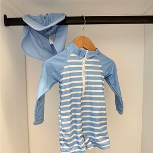 Blue and White Striped Baby Swimsuit with Hat